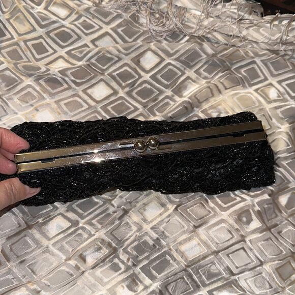Beaded Satin Kissing Evening Clutch Black Silver Tone Hardware - Picture 3 of 6